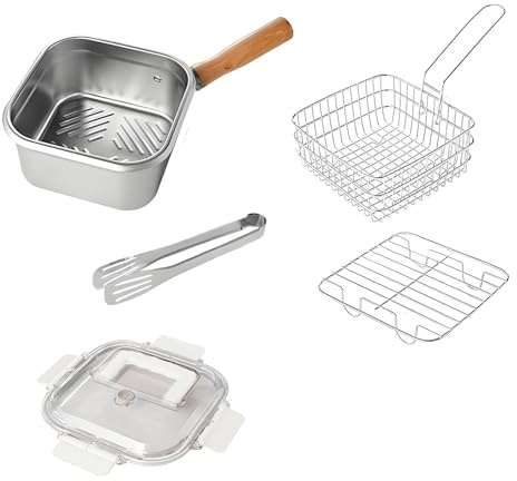 Stainless Steel Deep Fryer with Basket – Square Frying Pot Multi-Purpose Cooker for Fish, Chicken & Chips – Compact for Small Kitchens – Portable with Detachable Handle – Compatible with Induction Hob