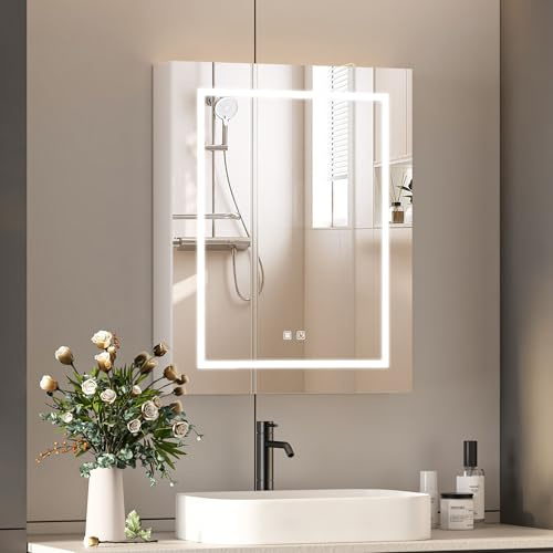 Spiegelschrank Bad 60cm mit Beleuchtung, Steckdose & 3 Farbtemperaturen | Badezimmerschrank mit Spiegel, Defog, Rasiersteckdose, 3 Farben LED, USB-Anschluss, 60 x 76 x 13 cm, Smart Touch, 60cm breit