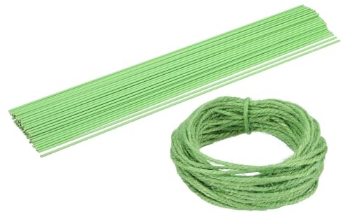 sourcing map 50Pcs 2 Gauge Floral Wire, 11.81 Length Flower Stem Wires with 0.08 x 32.8ft Twine for Wreath Making, Flower Arrangement, Light Green