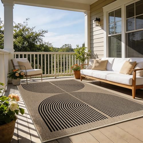 Capslpad Indoor Outdoor Rug 120x180cm Non-Slip Washable Living Room Area Rug Stain Resitant Durable Easy Jute Floor Area Carpet for Bedroom Balcony Garden Corridor Deck Decor, Black