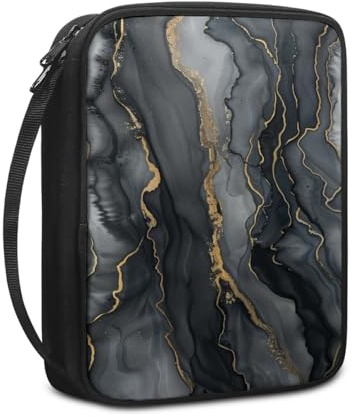 Bibelhülle Schwarzer Goldmarmor Buchtasche für Männer Frauen Tragbar Buchhülle Stoff Leinwand Polyester Bibel Zubehör mit Reißverschluss Griffen Bibel Hülle 27.5x22.5x5.5 cm