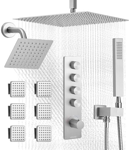 VEVOR Shower Faucet Set, 16 Inch Thermostatic Ceiling Mount Rainfall Shower System with 6 Inch Wall Mount Head, 6 Body Jets and Handheld Spray, Dual Rain Head Brass Valve and Trim Kit, Brushed Nickel
