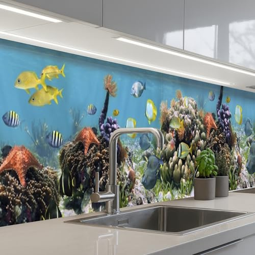 KitchenYeah© Credence Cuisine Adhesif Protection Mur Plaque De Cuisson | 60x400 cm - Plastique Rigide Revetement Murale À Coller Eau - Coraux - Poissons - Lumière
