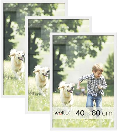 WOLTU Bilderrahmen 40x60, 3er set, MDF-Holz Fotorahmen mit Passepartout | Weiß, Posterrahmen für Poster, Fotos, Puzzle, aufhängbar & aufstellbar, Collage-Wanddeko mit bruchsicherer PS-Platte