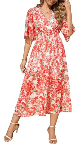 PASUDA Robe Longue Femme Été Manches Courtes Col V Chic et Elegant Floral Robe D'été Taille Haute Élastique Bohème Robe de Plage Décontractée Fête Vacances Mariage Aniversaire