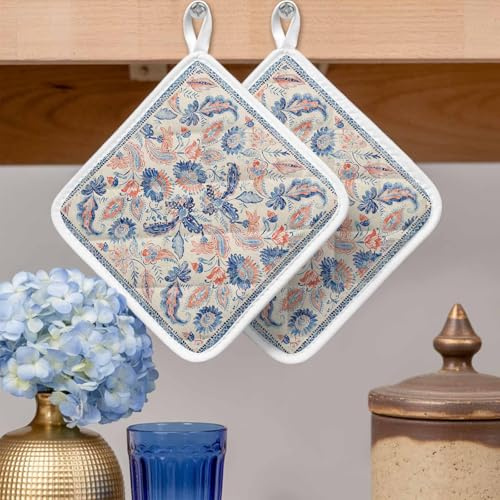 Pot Holders Set of 2, Vintage Boho Floral Leaves Art on Flax Potholder for Kitchen Heat-Proof Hot Pads, Seamless Paisley Flower Texture Hot Mats Potholders for Cooking Baking BBQ
