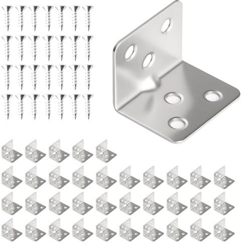 PULIANGLIU 25Pcs 31x31x38mm Stainless Steel L Right Angle Corner Brackets | Heavy Duty Rustproof 90 Degree Sleeper Joint Fastener Corner Braces for Wood Furniture, Shelf, Cabinet, Timber, 150 Screw