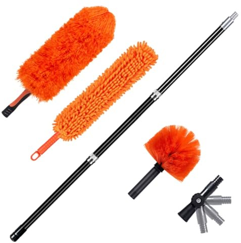Perche Téléscopique 2.3m avec Tête de Loup et Plumeau - Kit Multifonction pour Nettoyage à Hauteur - Anti-Toile d'Araignée, Poussière et Vitres - Manche Réglable 0.96m-2.3m