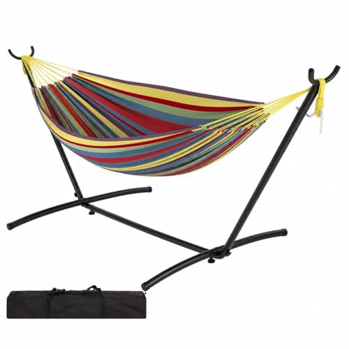Doppel-Hängematte mit Stahlrahmen, faltbar, gelb Regenbogen gestreift | Verstellbares Gestell, bis 500 lbs belastbar aus Polyester-Baumwolle mit Tragetasche für Garten, Terrasse, Balkon und Camping