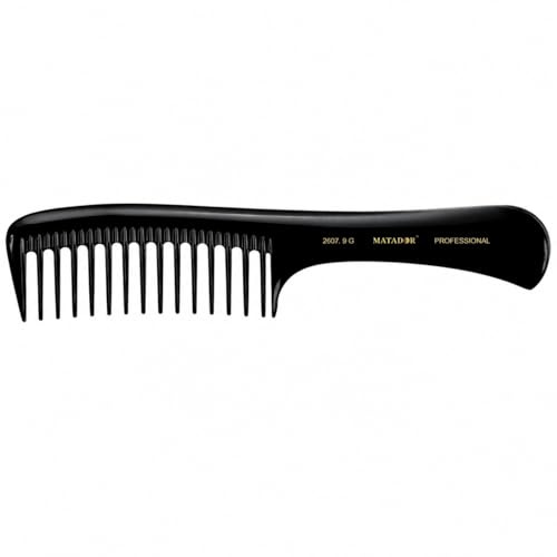 Peine Matador 2607/9 con Mango Profesional para Peluquería y Barbería, Peine de Ebonita Antiestático para Desenredar, Peinar y Trabajar Cabello Grueso, Rizado o Largo, Color Negro