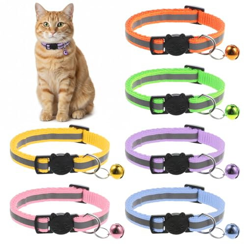 SHENLIU 6 Stück Halsbände mit Glöckchen, Reflektierend Katzenhalsband | Verstellbar Halsband Katze Kitten 20–32 cm für Alle Hauskatzen Welpen Halsband Kat für Außen Innen