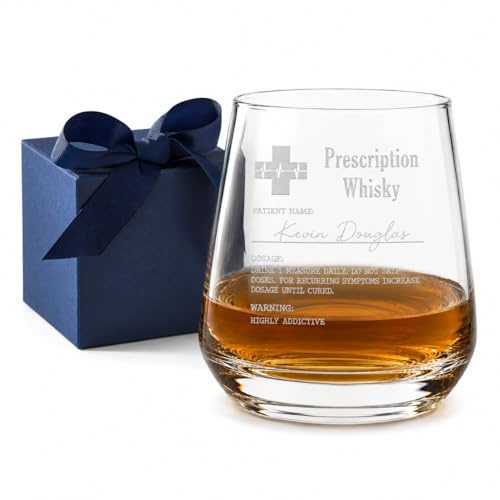 Personalised Engraved Whisky Glass | Custom Whiskey Tumbler Gift for Men | Funny Prescription Label Laser | Engraved Scotch Bourbon Glass | Birthday, Father's Day, Retirement & Christmas Gift