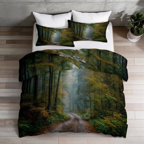 Barntäcke, 200 x 200 cm, mörkgrön natur för flicka pojke - sängkläder för 1 person, lätt och mjukt - höst skog träd och stig täcke för alla årstider med 2 örngott