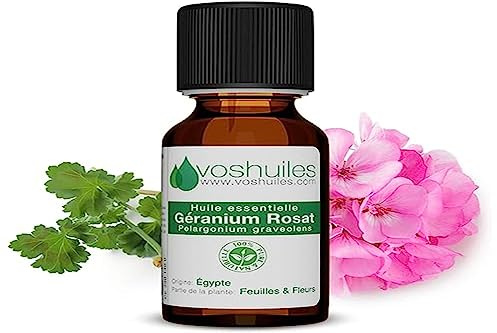 VOSHUILES - Huile Essentielle Géranium Rosat 20ml - 100% Pure et Naturelle - HEBBD - Vertus Dermatologiques - Diluer dans Huile Végétale - Parfum Léger à la Rose
