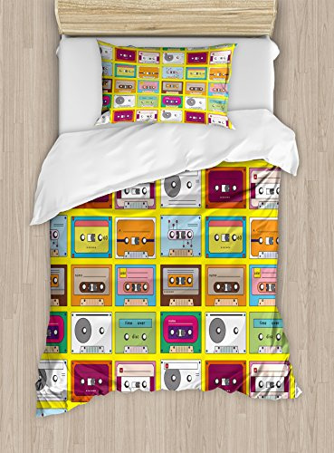 Ambesonne 70s Party Duvet Cover Set, Music Tape Design Pattern Audio Cassette Oldschool Cool Record Analogue, Decorative 2 Piece Bedding Set with 1 Pillow Sham, Twin Size, Multicolor