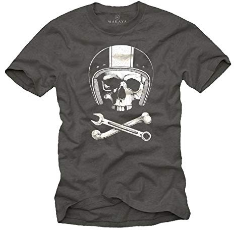 MAKAYA Maglietta per LA Meccanica - T-Shirt con Stampa Moto - Casco con Teschio Uomo Grigio M
