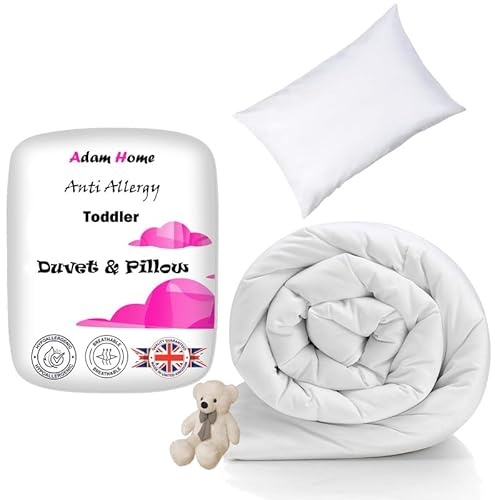 Adam Home 4.5 Tog Toddler Duvet and Pillow Set 100% Microfibre Anti-Allergy Lightweight Cot Bed (Duvet 120x150 cm) & (Pillow 40x60 cm) Hypoallergenic and Machine Washable Cot