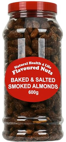 Natural Health 4 Life Smoked Almond Nuts 600g, Baked and Salted Almonds, Vegan, Dairy Free, Gluten Free, High Protein and Fibre, Smoky BBQ Flavour, Recyclable Gift Jar with Screw Lid (1 Jar)