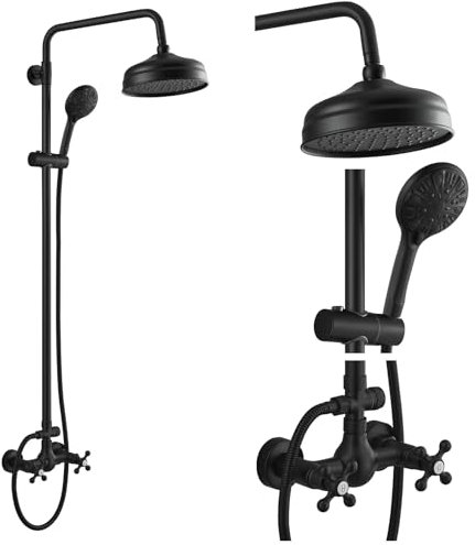 gotonovo Bathroom Exposed Shower Fixtures 8 Inch Rain Showerhead Double Cross Handles 2 Function Wall Mount Shower Faucet Set, ABS Handheld Spray, Matte Black