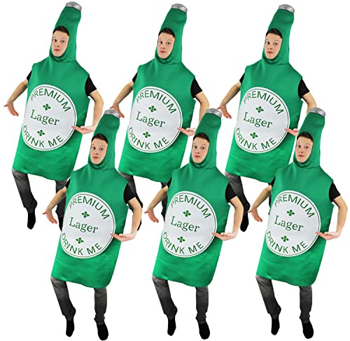 I LOVE FANCY DRESS Bierflaschen-Kostüm für Erwachsene, 6 Stück, große grüne Lagerflasche mit Drink Me Label, lustige Neuheit, Verkleidung, Oktoberfest, Bayern, Bierfest, Junggesellenabschied | Doppelseitiges Lagerflaschendruck, Drink Me Etikett, Hirsch und Henne Kostüm, Neuheit Kostüm, Erwachsenengröße, Einheitsgröße