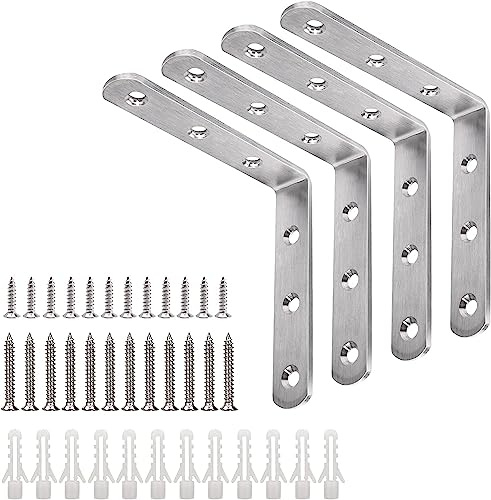 YUMORE L Bracket, 4x4 Inch Max Load: 25lb/12kg Heavy Duty Stainless Steel Solid Shelf Support Corner Brace Joint Right Angle Bracket, Pack of 4