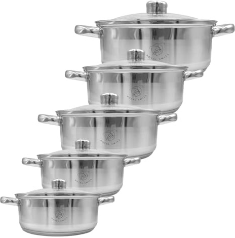 Royal Swiss Edelstahl Topfset Induktion 10-teilig, Kochgeschirr mit 5-Schicht-Boden, Cool-Touch-Griffen, Spülmaschinenfest, Ofenfest, für Gas Elektro Ceranfeld Halogen