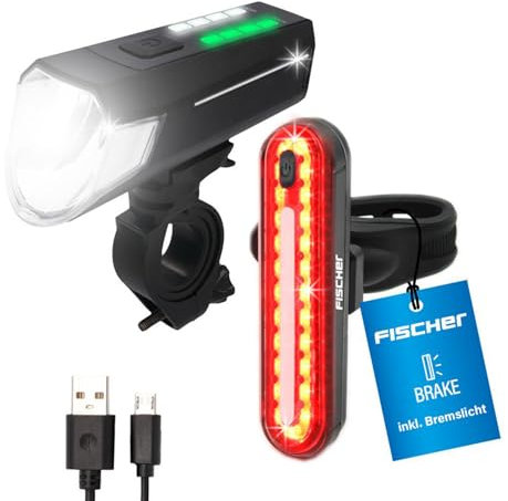 Fischer Fahrrad Beleuchtungs-Set 80/40/20 Lux, Akku-Leuchtenset Stop, Front- und Rückleuchte, mit Akku und USB-Ladefunktion, 3 Leuchtfunktionen, Spritzwasserschutz nach IP44, StVZO-zugelassen
