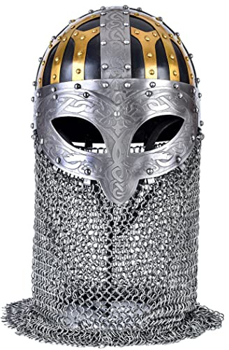 Battle-Merchant Wikinger Brillenhelm mit Kettenbrünne, mit Lederinlay | Mittelalter Spangenhelm, Helm mit Brünne, Wikingerhelm aus Stahl, für Reenactment, LARP & Fantasy Cosplay