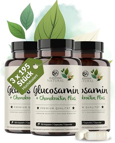 Surpresa Natural Glucosamin-Chondroitin-Kapseln hochdosiert I 3 x 195 Kapseln I 1500 mg Glucosamin & 1200 mg Chondroitin pro Tagesdosis I Nahrungsergänzungsmittel ohne Zusatzstoffe & laborgeprüft