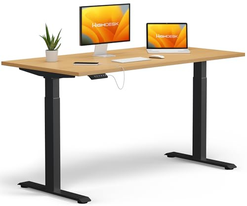 KRIEG HighDesk Basic Höhenverstellbarer Schreibtisch 160 x 80 cm I Schwarz + Buche - Elektrischer Sitz- & Stehtisch mit Tischplatte - Stehschreibtisch Elektrisch Höhenverstellbar
