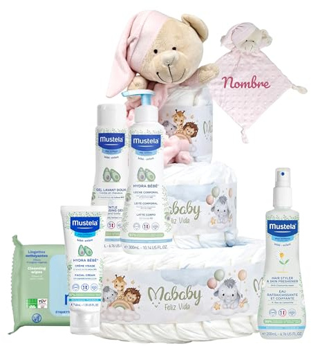 Mababyshop Tarta de Pañales Mis Primeros Cuidados con Doudou Osito Personalizado con Nombre, 42 Pañales Pingo Talla 2, Set de Aseo Bebé, Regalo Recién Nacido (Rosa)