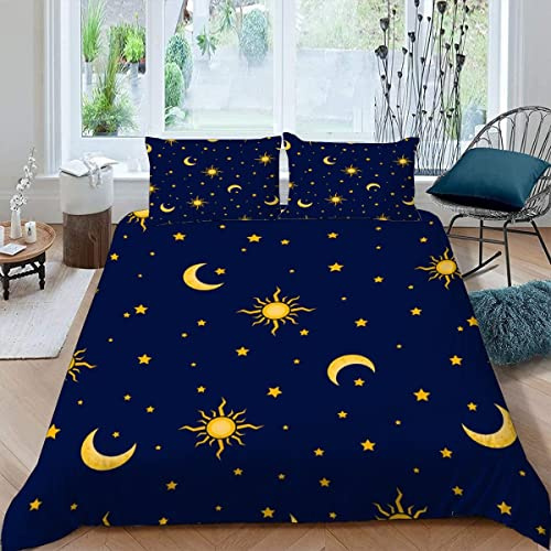 Kinder Bettwäsche 135x200 Sonne Mond Sterne aus Mikrofaser, 3-teilig, | mit 2 Kissenbezügen 80x80, Bettbezug mit Reißverschluss, Nachtmotiv für Jungen, Mädchen und Kinderzimmer