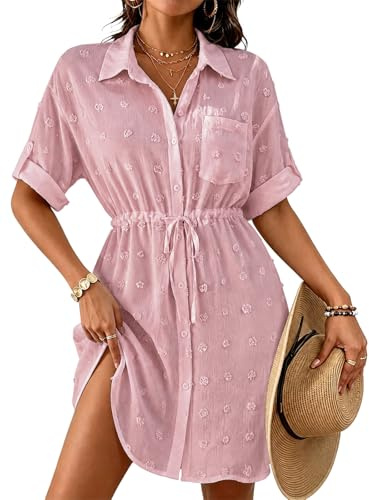 Rayson Dam strand täcker upp chiffong strandklänning v-hals 3/4 ärm sarong baddräkt klänning blus baddräkt lös kofta, Rosa, one size