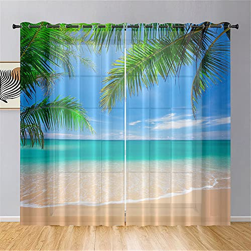 Hiseng Voile Vorhänge mit Ösen Durchsichtig Halbtransparent Ösenvorhang für Fenster Wohnzimmer Schlafzimmer Moderne und Elegante Transparent Gardine 2er Set (140x244cm,Strand Meer)