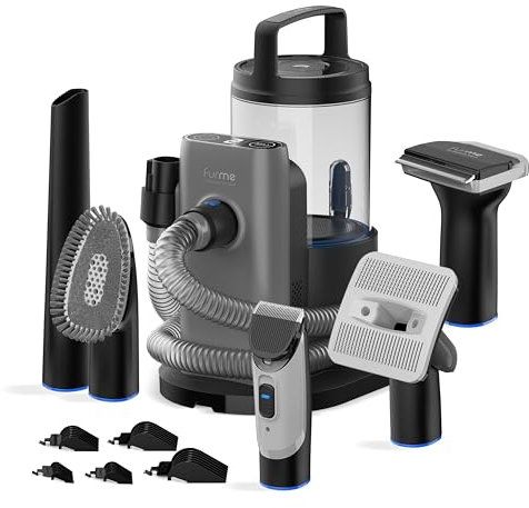 FURME Professional Plus Pet Grooming Vacuum Kit - Cat & Dog Grooming Kit for Easy Pet Care at Home, Quiet & Safe Dog Hair Remover Machine with Brush, Clipper, Shedding & Cleaner Tools & 2L Canister