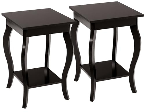 KOMFOTTEU Mesita de Noche de 2 Niveles, Mesita de Noche de Madera con Patas Curvadas, Mesa Auxiliar Baja, Mesa Lateral para Dormitorio, Salón, Entrada, 40 x 40 x 60 cm (Marrón X 2)