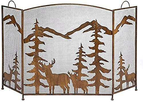 Funkenschutz, rustikales, faltbares Kamingitter aus Metall, 3-teiliger Funkenschutz mit Ausgeschnittenen Silhouetten von Wald und Bergen, Bronze-Finish (Farbe: Bronze) The New