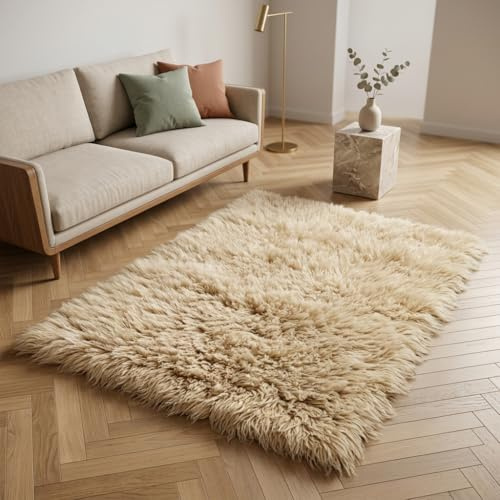 Stylish Super Thick Flokati Rugs. Long 3.5” Organic Wool Pile. Shaggy Natural Wool Area Rug. (Sand)