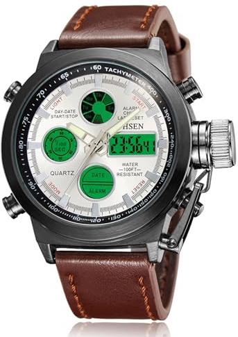 JewelryWe Mens Multifunctional Military Watch: Analog Digital Dual Time Calendar Waterproof Casual Sports Leather Wristwatch for Christmas