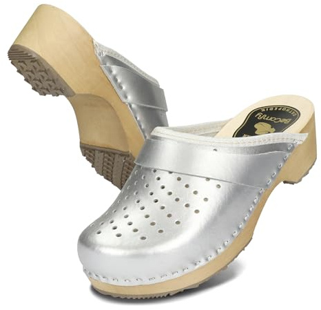 BeComfy Damen Holzclogs Naturleder Metallic | Naturleder innen und außen, Holzsohle mit Gummischicht, Blockabsatz 5 cm, Metallic-Optik, Weite Passform, EU