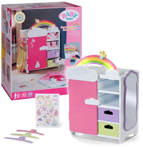 BABY born Regenbogenschrank - Aufbewahrung für Puppenkleidung - Mit leuchtendem Regenbogen & fröhlichen Sounds - Hochwertiges Puppen Zubehör inkl. Schuhbladen, Kleiderbügel & Stickern