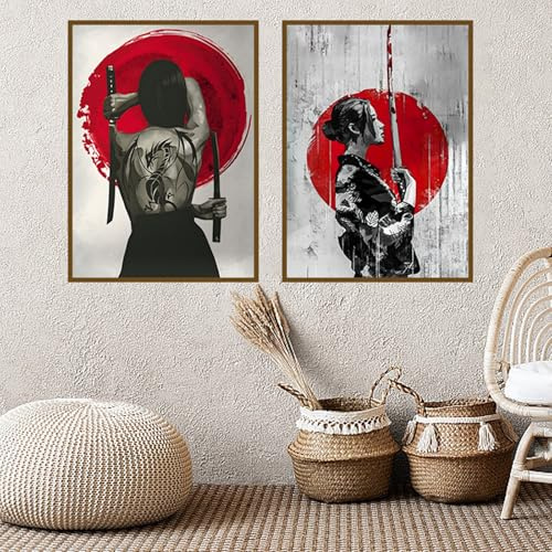 KAIDAARTLH 3er Set Samurai Wandbilder 60x90cm, Moderne Japanisches Leinwandbilder Poster, Dekoration für Wohnzimmer Schlafzimmer Büro, Frameless（C,2x60x90cm）