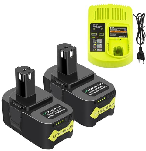 ASUNCELL 2 Piezas Batería 18V 5.0Ah y Cargador para Ryobi, Li-Ion Batería de Repuesto para Ryobi One+ RB18L50 RB18L40 RB18L25 RB18L15 RB18L13 P102 P103 P104 P105 P106 P107 Herramientas Inalámbricas