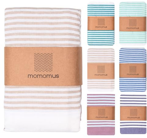MOMOMUS Fouta de Plage XXL ou Grand Drap de Plage Anti Sable Élégant -Légère, Pliable et au Style Bohème - Couverture pour Pique Nique sans Sable - Beige, 210x240 cm
