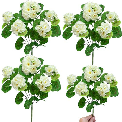 TURNMEON 20 flores artificiales de geranios de 14.5 pulgadas para exteriores, 4 paquetes de flores de geranios falsos resistentes a los rayos UV, ramo de flores sintéticas de seda para decoración del