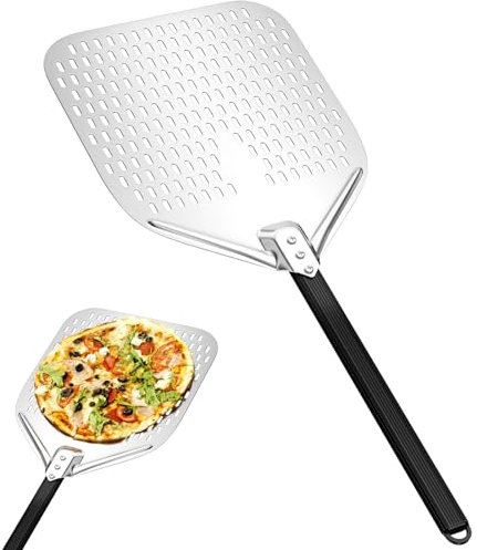 Maxentico Pala de Pizza, Pizzas Paleta Perforada de Aluminio Anodizado Duro, Espátula para Pizzas, Soporte de Superficie Grande con Mango Largo Retirable 40cm para Barbacoa Cocinar Pizzas, Pan