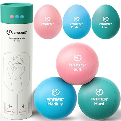 FitBeast Stressbälle, 6er-Pack Stressabbau, Stärkung und GriffBälle, enthält 3 eiförmige und 3 runde Bälle, weiche bis harte Widerstandsstufen (6-teilige Set - Blush, Blau, Türkis)