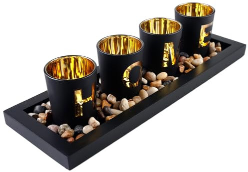 Teelichthalter Set, Windlicht Tischdeko, Votivkerzenhalter Set, Home Teelichthalter Mit Holz Tablett Vintage-Teelichthalter Für Halloween, Esszimmer, Kerzenhalter Beste Freundin Geschenk (Schwarz)