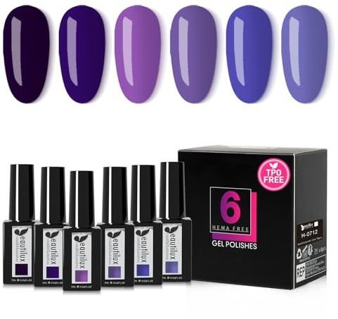 Beautilux HEMA-FREE nagellack, halvpermanent, 6 färger, UV-gelnagellack, halvpermanent, UV-nagellack, blötläggning, gel, 7 ml (H-0712)