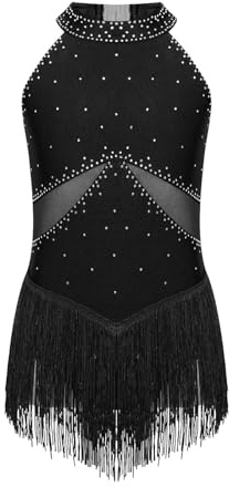 Konståkning Klänning Barn Flickor Strass Frange Body Figur Skridskoåkning Tofs Body för Gymnastik Cha-Cha Tango Latin Danskläder Flicka Ballettklänning (Svart, 16)